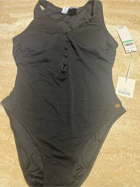 CeCe Black Textured Button-Front One-Piece Swimsuit